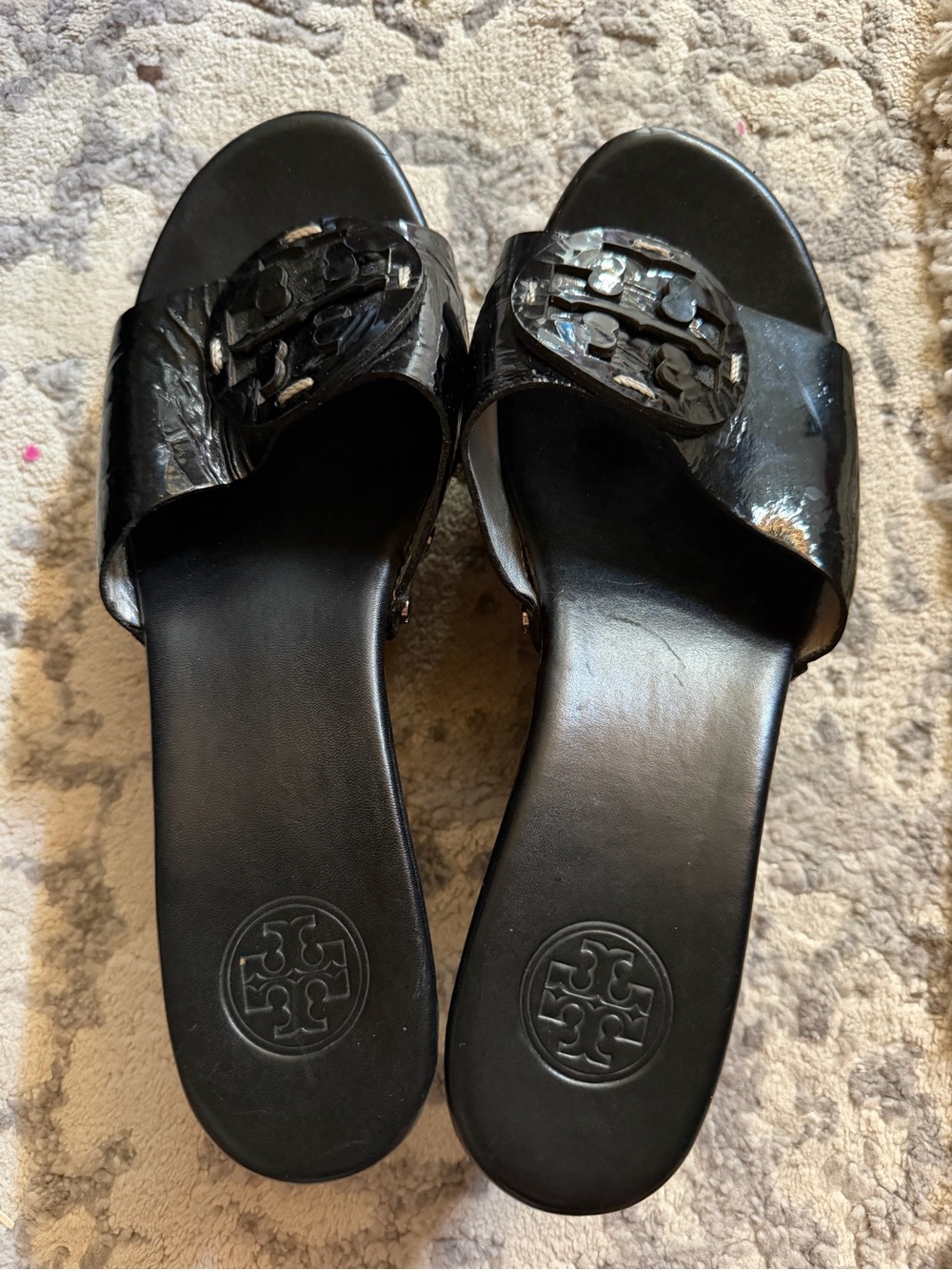 Tory Burch Black Patent Logo Slide Sandals with Embellished Medallions
